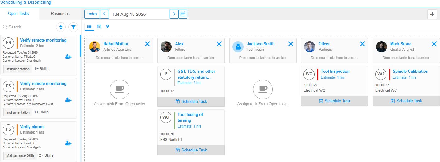 The Onfinity scheduling and dispatching board: open tasks on the left showing the customer, the site and the skills each job requires, dragged onto named technicians across the top for a chosen day