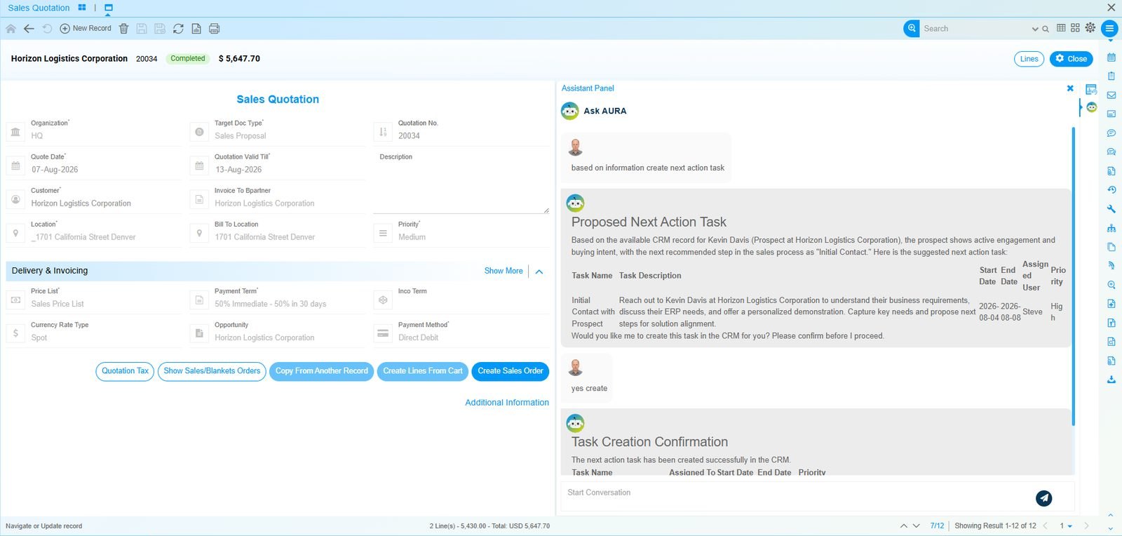 A sales quotation open in Onfinity with the AURA assistant panel beside it, proposing a follow-up task with owner, dates and priority, asking for confirmation, then confirming the task was created