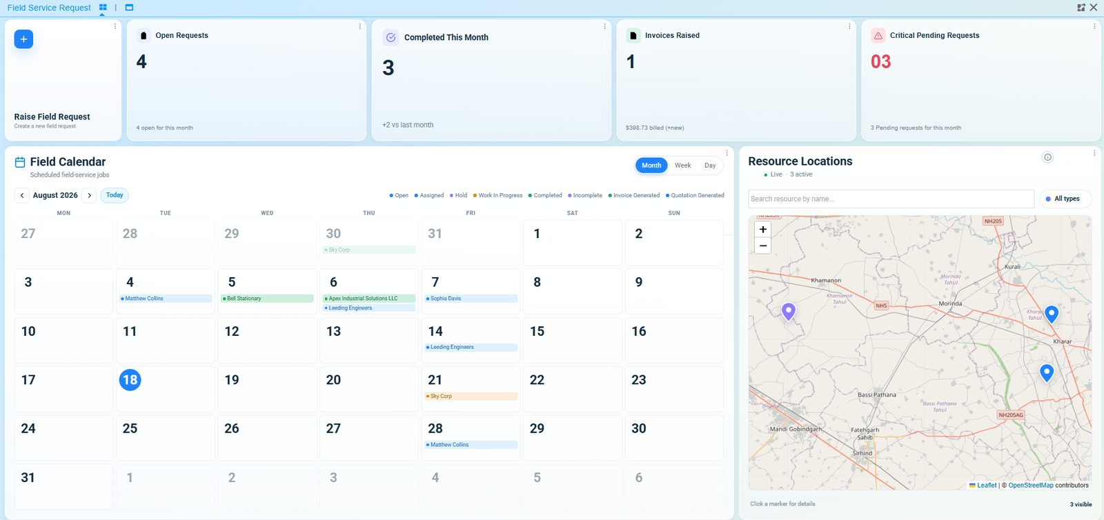 The field service request dashboard in Onfinity: open and critical pending requests, completed and invoiced counts, a month calendar of scheduled field jobs colour-coded by status, and a live map of engineer locations