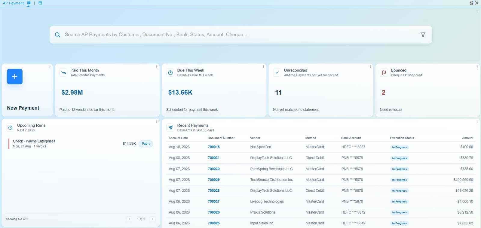 The accounts payable payment dashboard in Onfinity: payments completed and scheduled, position per bank account, bounced cheques requiring action, and the payment run queue