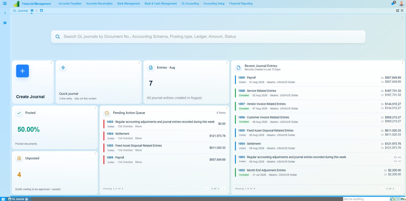 The accounts payable dashboard in Onfinity: total outstanding and overdue payables, purchases month to date and average days to pay, the top five vendors by spend, payable aging by bucket, payment health, and a pending-invoice queue showing what needs attention, what has a goods-receipt mismatch, what has no purchase order and what is ready to pay