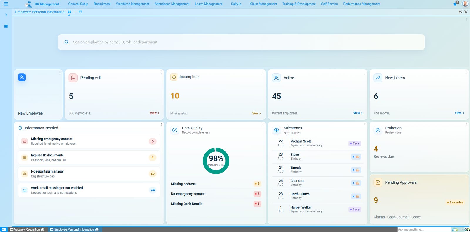 The employee master dashboard in Onfinity: active headcount, joiners and exits, a data-quality score, and a queue of employee records still missing required information