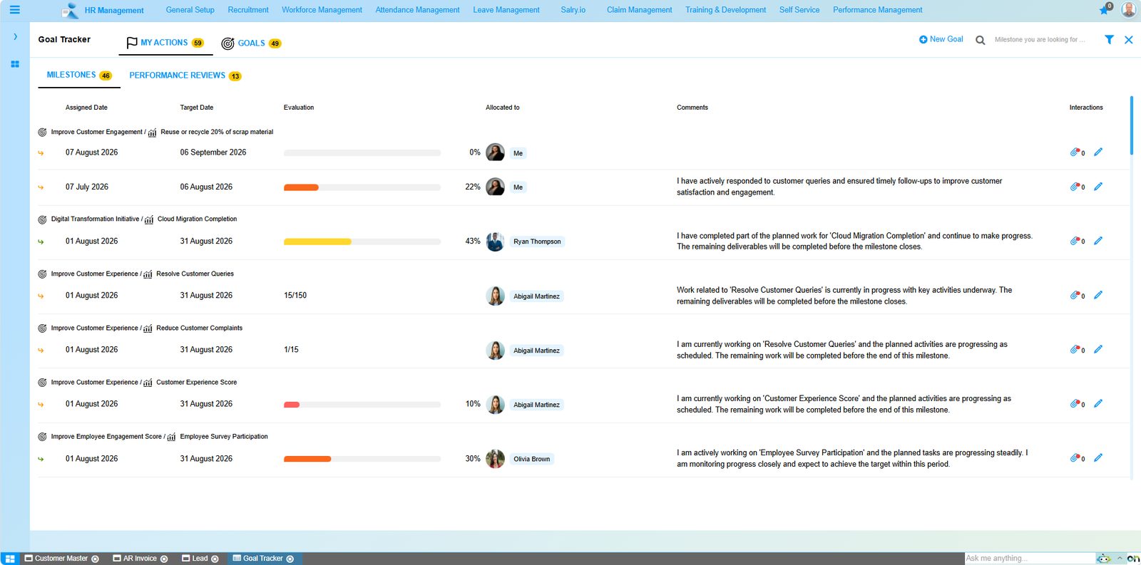 The goal tracker in Onfinity: goals and milestones per employee with review status and progress against each objective