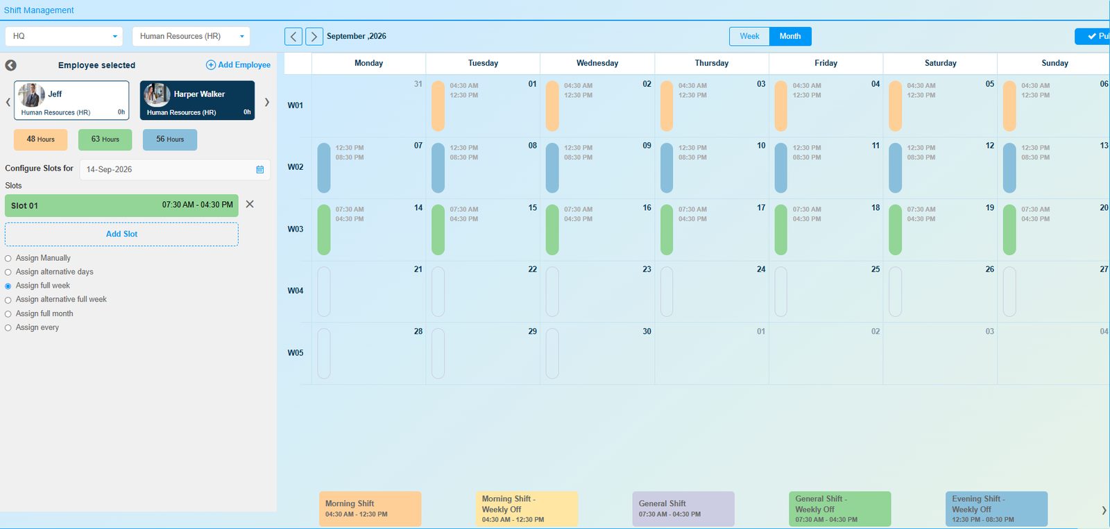 Shift management in Onfinity: a month roster by employee with shift slots per day, and the shift pattern configuration behind it