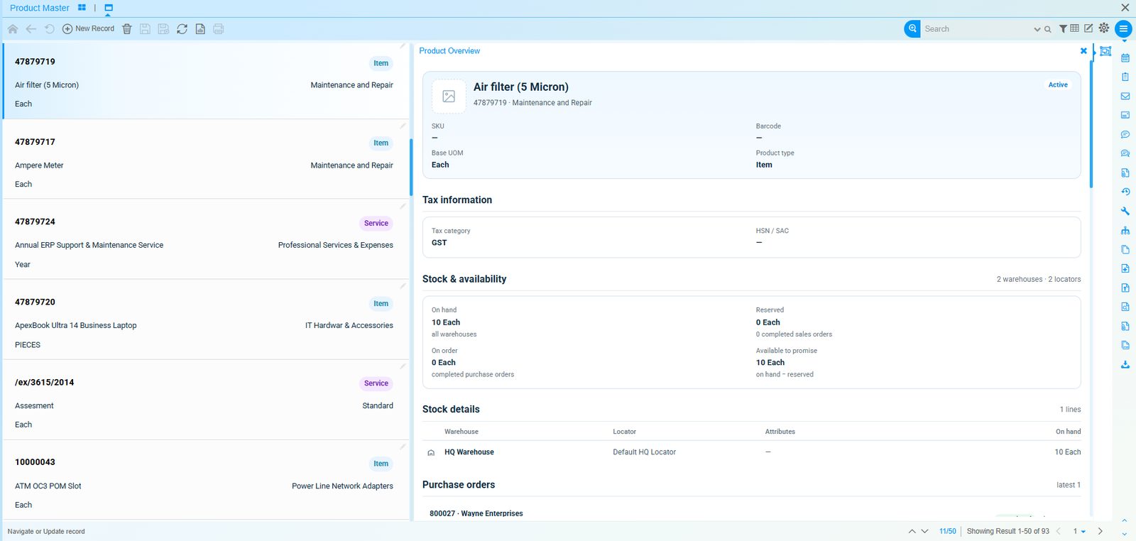 A product record in Onfinity showing tax category with HSN or SAC code, and a stock and availability block giving quantity on hand across all warehouses, quantity reserved against completed sales orders, quantity on order from completed purchase orders, and the resulting available-to-promise figure, with stock broken down by warehouse and locator
