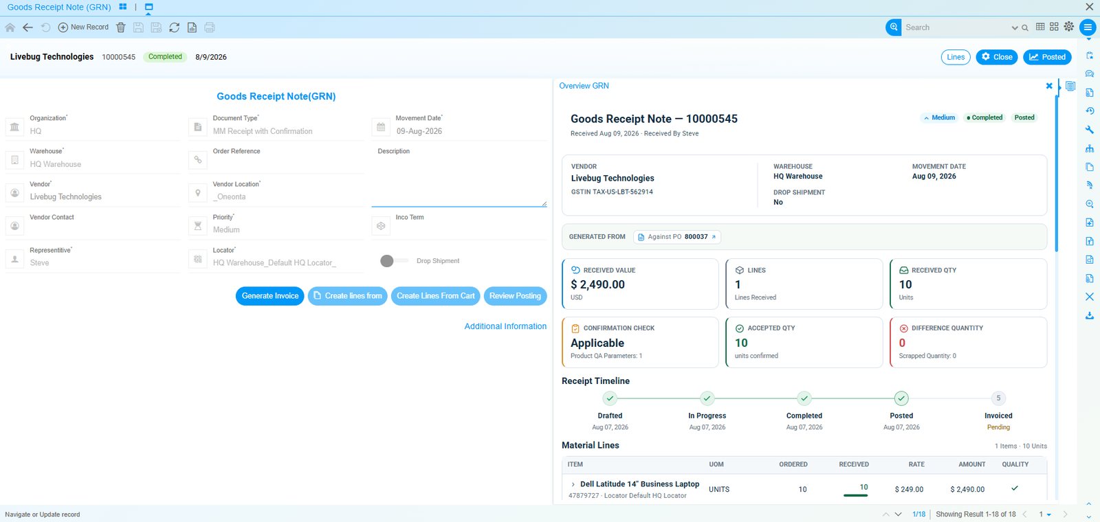 Wareneingang in Onfinity: Wareneingangswert, angenommene Menge und Belegverlauf bis zur Rechnung