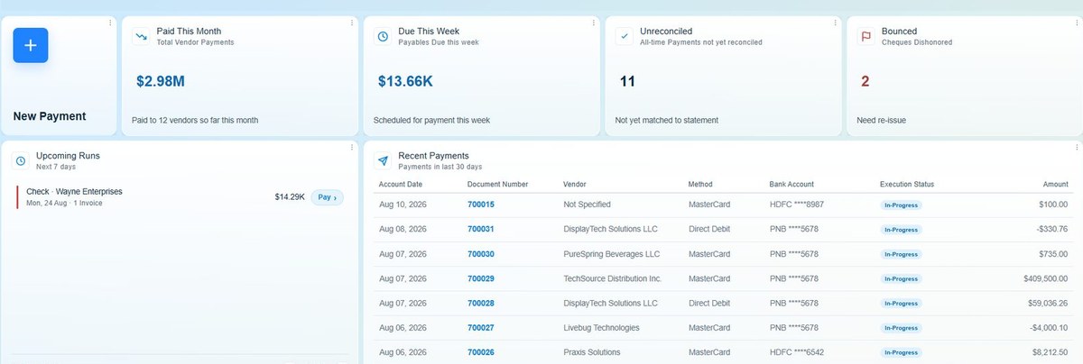 Onfinity AP Payment screen: paid this month, due this week, unreconciled payments and bounced cheques, with recent payments listed against HDFC and PNB bank accounts