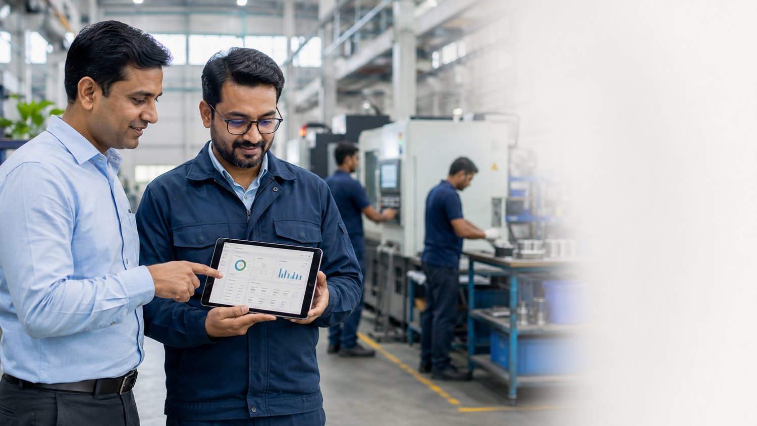 Two colleagues on a machine shop floor reviewing an Onfinity dashboard on a tablet