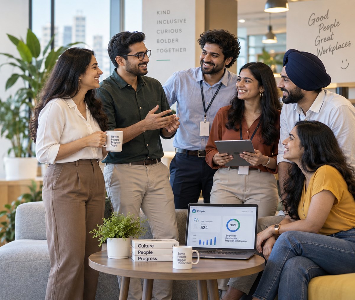 A team in an Indian office looking at an HR dashboard together