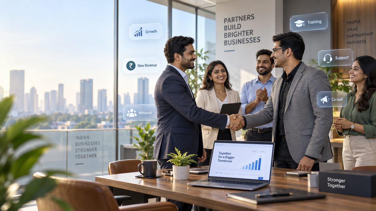 An illustration of two people shaking hands across a table in an Indian office, colleagues watching, with labels around them reading growth, new revenue, network, training, support and co-sell