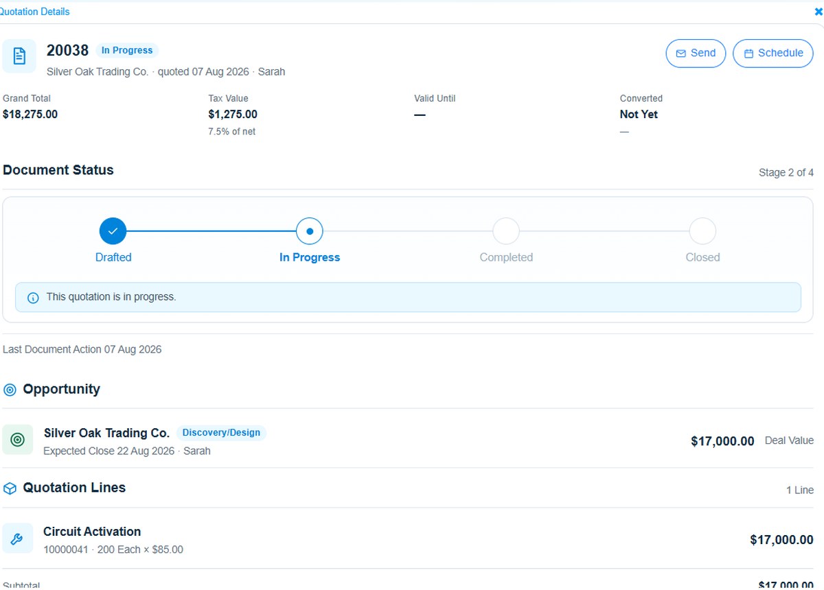 Onfinity sales quotation: grand total and tax, a four-stage document status from drafted to closed, the linked opportunity with its deal value, and the quotation lines