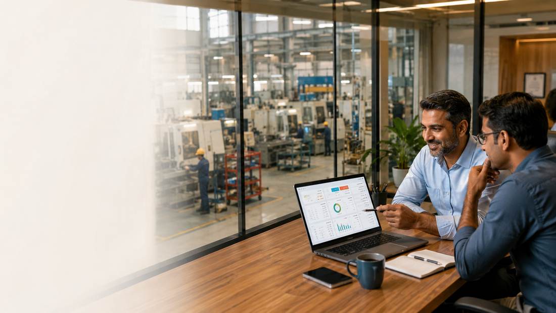 Two colleagues reviewing an Onfinity dashboard in a plant office, with the machine shop visible through the glass behind them