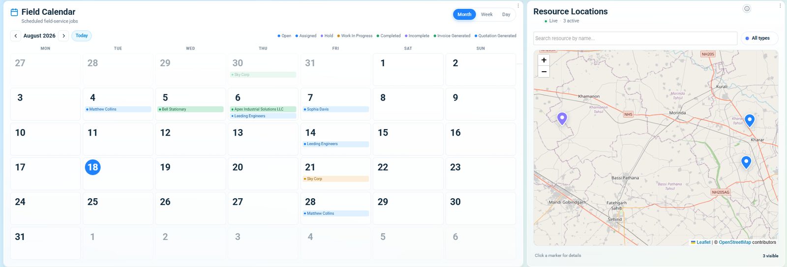 Onfinity field service calendar with scheduled jobs by day, and a live map of technician locations around Kharar and Morinda in Punjab