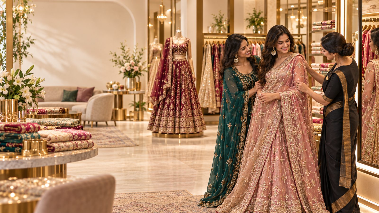 A ladies' ethnic wear store: a customer in a pink embroidered lehenga with a sales assistant, sarees folded on the counter, lehengas on the racks behind